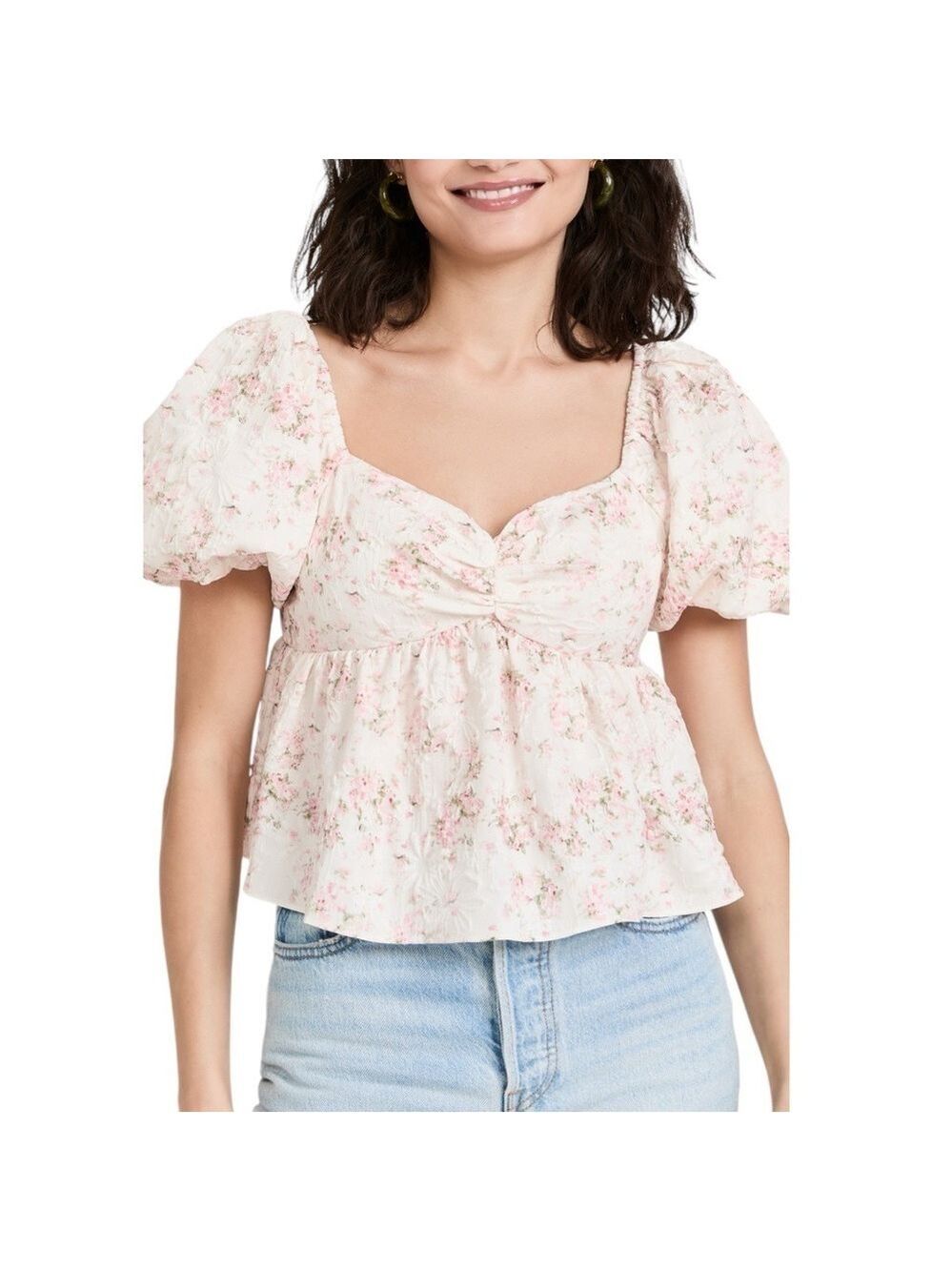 English Factory Floral Puff Sleeve Textured Peplum Style Smocked Back Top Blouse